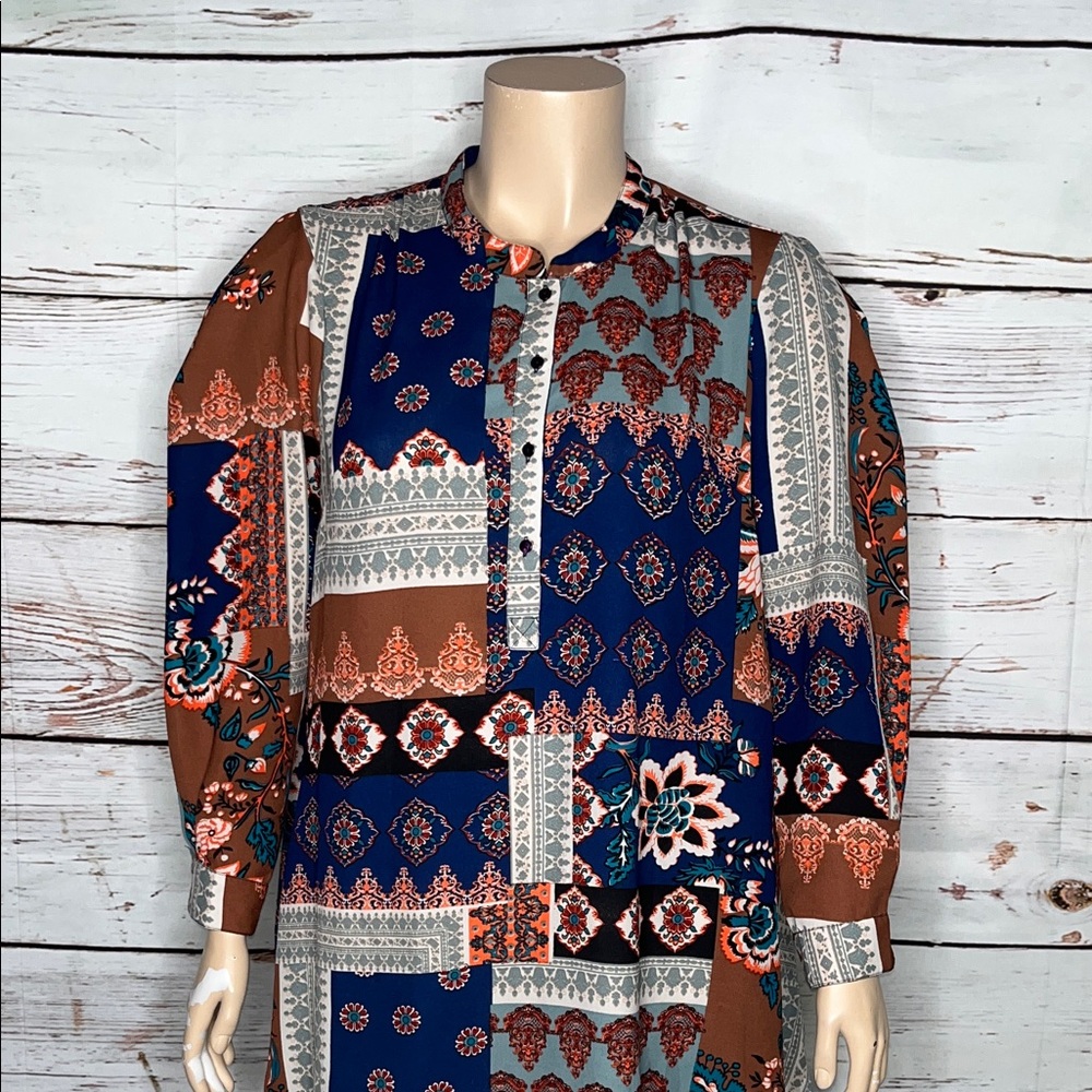 Tolani Collection Size XL Patchwork Print Henley Tunic Blouse Top - Picture 2 of 6